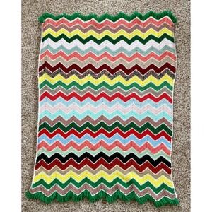 Vintage Crochet Zig Zag Afghan Lap 39x28 Blanket Throw Colorful Chevron Pattern